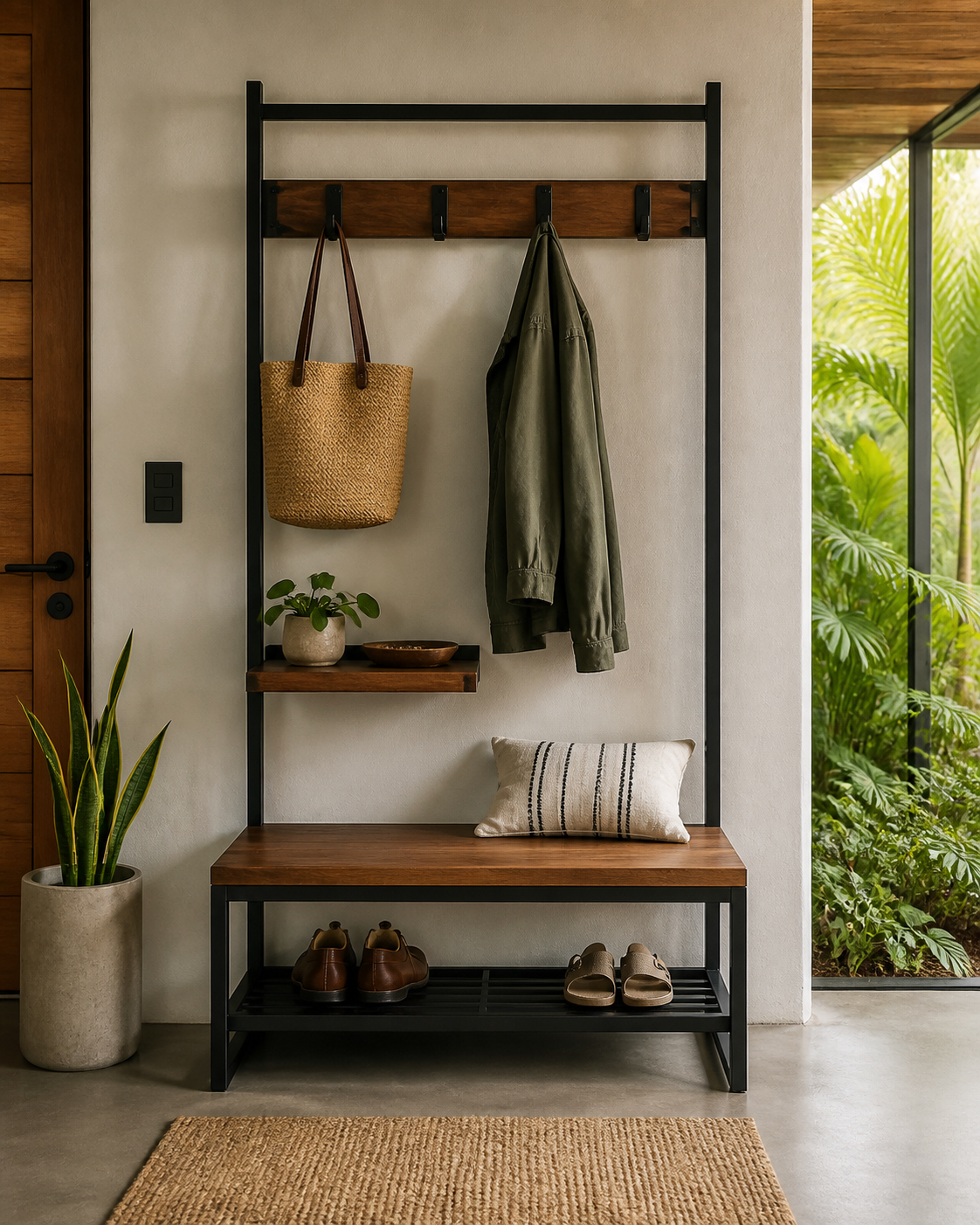 Custom metal and wood entry bench with hooks and shoe storage