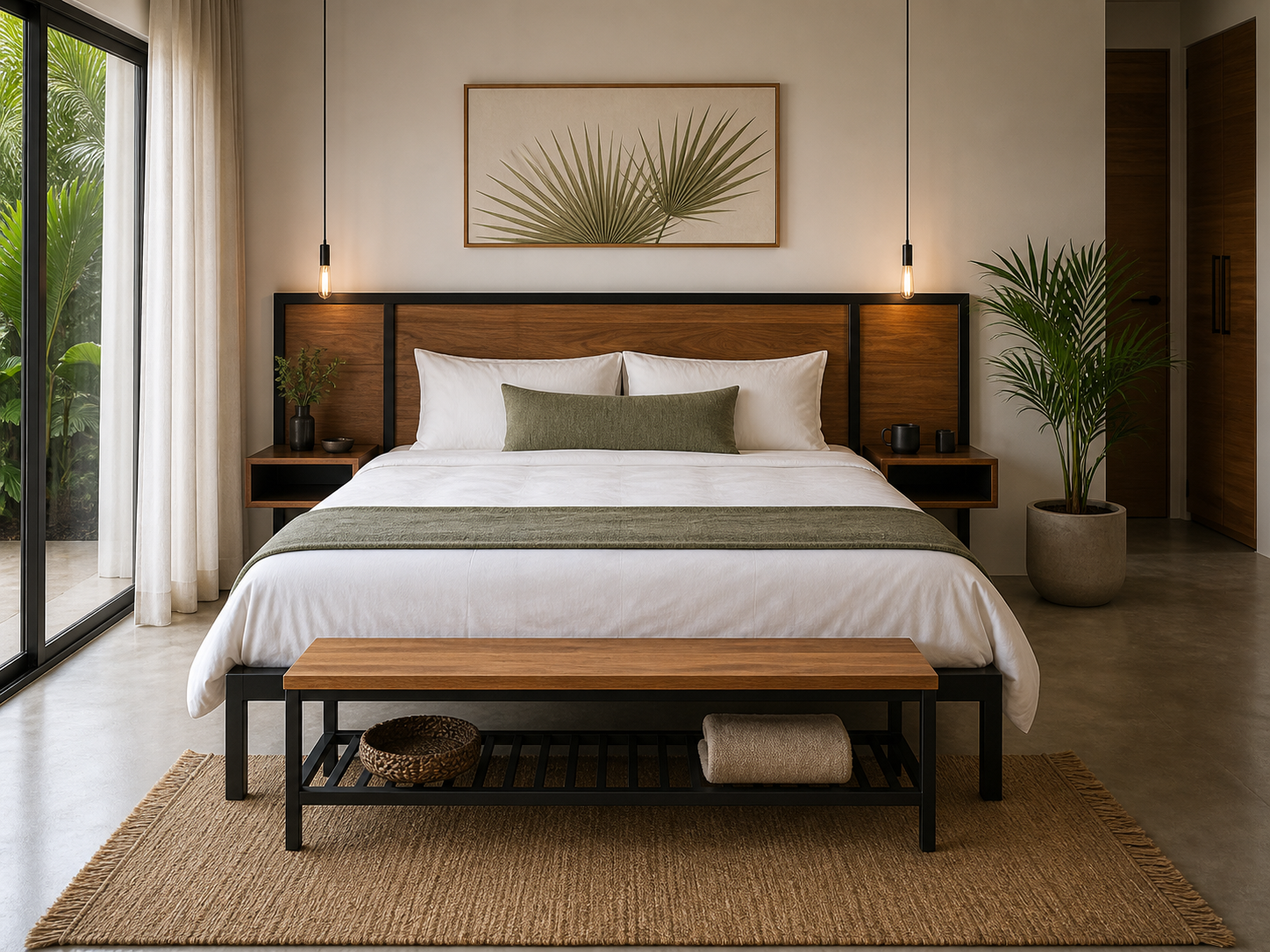 Custom metal and wood Airbnb bedroom set with platform bed and luggage bench
